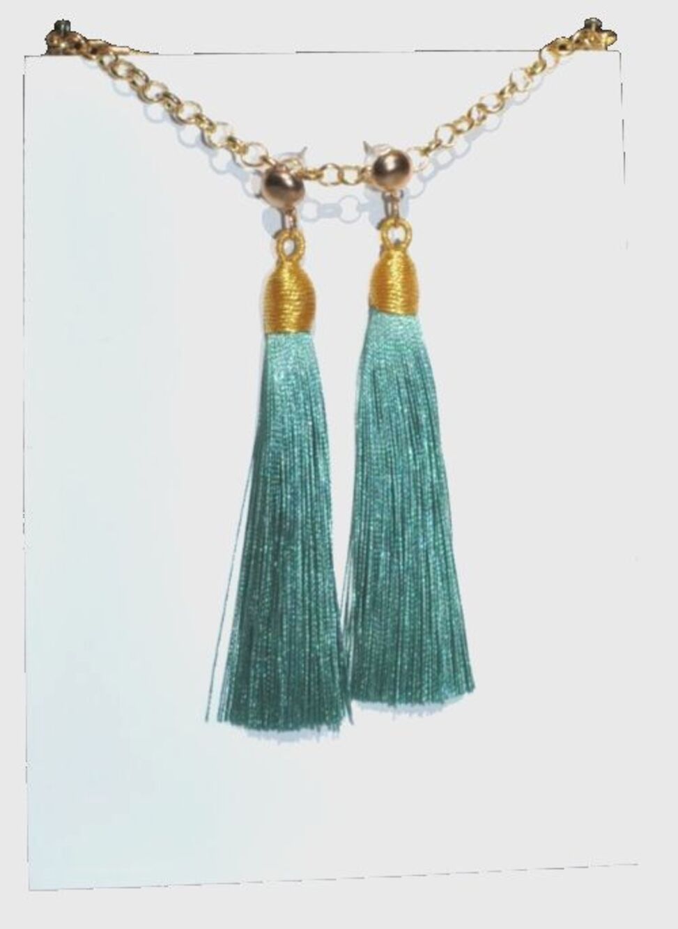 Gold tone post Boho / Gypsy earrings with teal tassel fringe - Picture 5 of 6